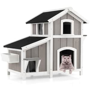 Outdoor White and Gray Wooden 2-Lever Cat House with Escape Door, Waterproof Roof