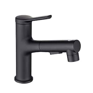 Single Handle One Hole Commercial Deck Mount Bathroom Sink Faucet with Pull-Down Sprayer in Matte Black