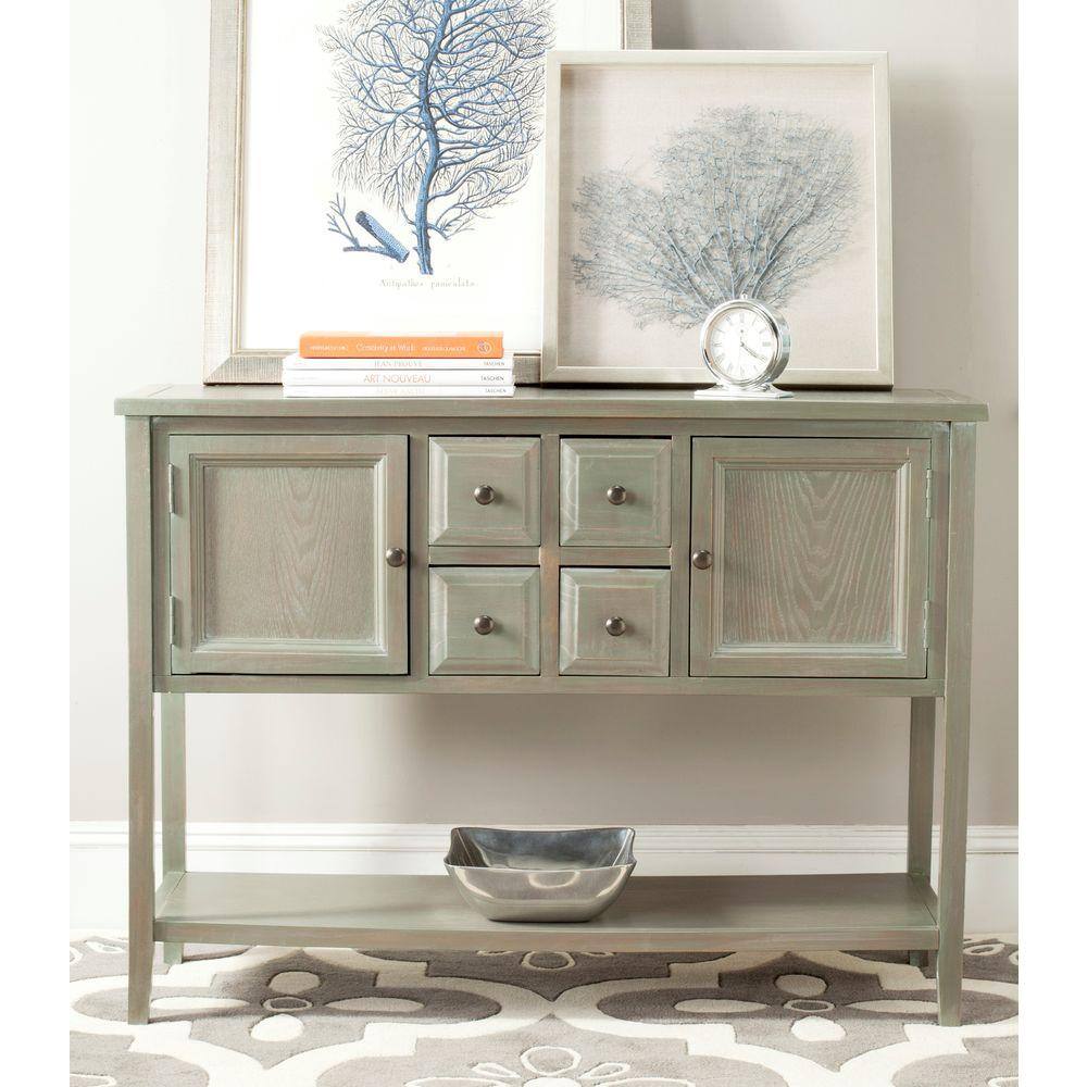 Transitional French Grey Sideboard with Open Shelf and Petite Drawers
