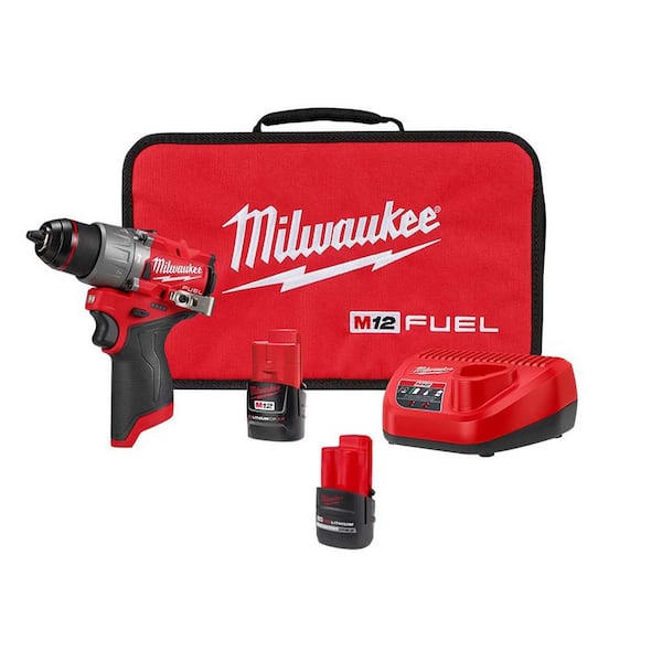 M12 FUEL 12-Volt Li-Ion Brushless Cordless 1/2 in. Hammer Drill Kit w 2.0Ah Battery, High Output 2.5 Ah Battery &Charger