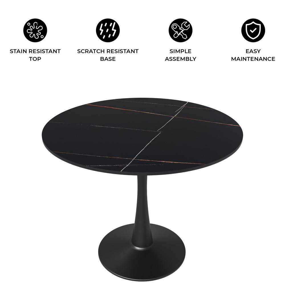 Round Black Marble Dining Table with Steel Base