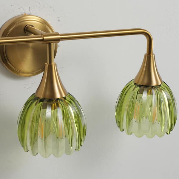 21 in. 3-Lights Modern Gold Vanity Light Fixtures Bathroom Wall Sconce With Green Tulip Glass Shade and E26 Socket Base