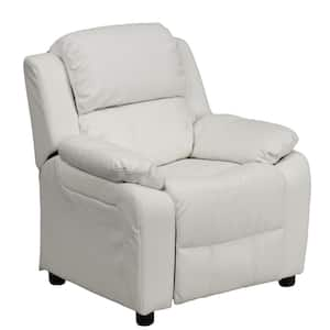 Deluxe Padded Contemporary White Vinyl Kids Recliner with Storage Arms