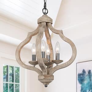 Lantern Wood Pendant 4-Light Cage Brown Rustic Chandelier Dining Room Island Chandelier with Farmhouse Candle Style