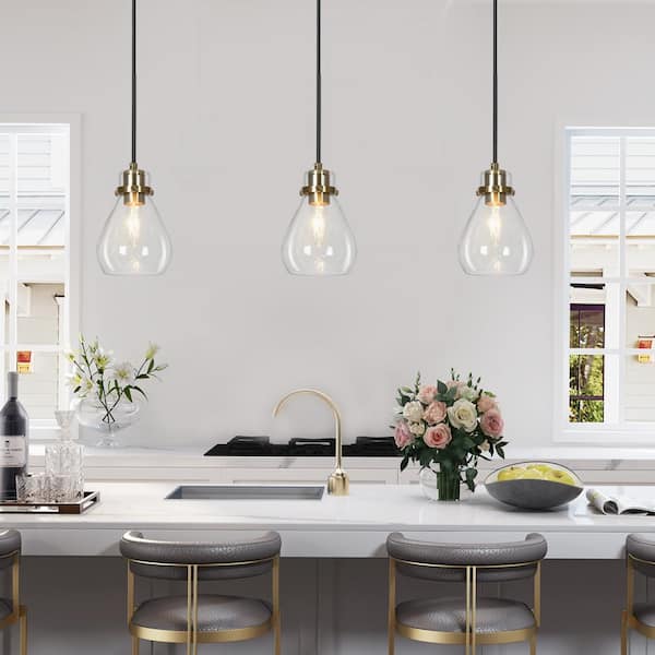 Modern Teardrop Kitchen Island Pendant Light 1-Light Black and Brass Pendant Light with Clear Glass Shade