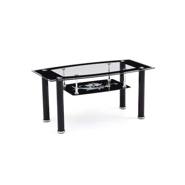 HODEDAH 36 in. Black Medium Rectangle Glass Coffee Table with Shelf