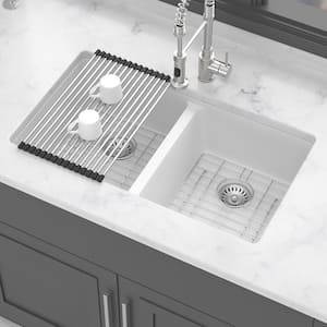 33 in. Undermount Double Bowl White Quartz Kitchen Sink with Bottom Grids