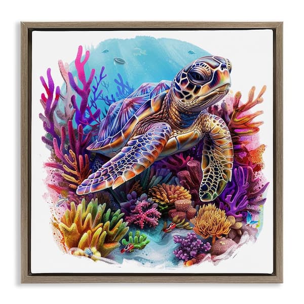 Stupell Industries Turtle and Purple Coral by LSR Design Studio Brown Floater Frame Animal Graphic Art Print 25 in. x 25 in.