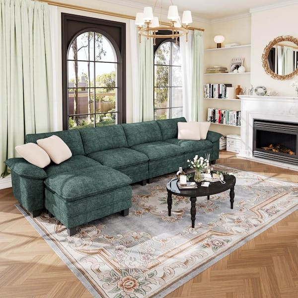 PHI VILLA 157.5 in. Flared Arm 5-Seat Chenille Modular Sectional Sofa in. Teal Blue with Throw Pillows and Ottoman for Living Room