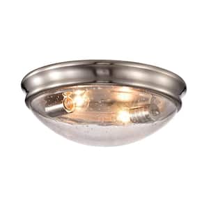 13 in. 2-Light Brushed Nickel Modern Flush Mount with Seeded Glass Shade