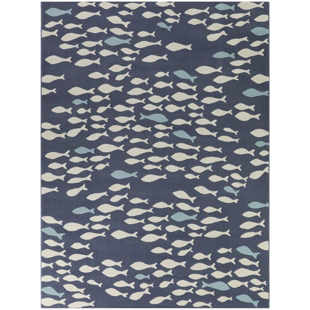 Navy and Cream Fish Pattern Rectangular Synthetic Kids Rug