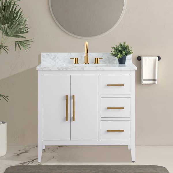 36 in. W x 22 in. D x 34 in. H Single Sink Bathroom Vanity Cabinet in White with Engineered Marble Top in White