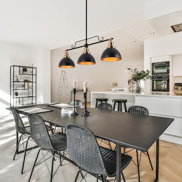 Despotes Modern 3- Light Flat Black and Copper Island Lamp with Metal Dome Shade, Linear Pendant Light for Dining Room