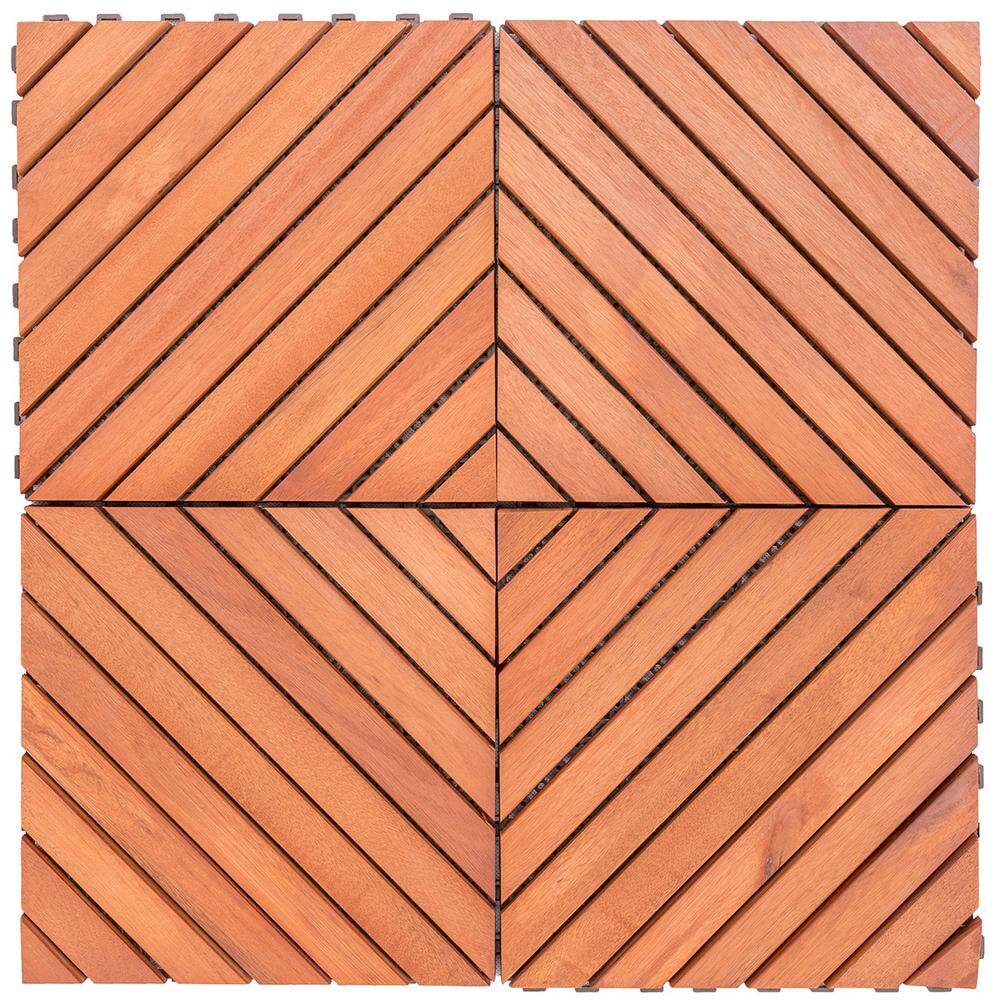 Eucalyptus Interlocking Deck Tiles with Diagonal Slats, Set of 10