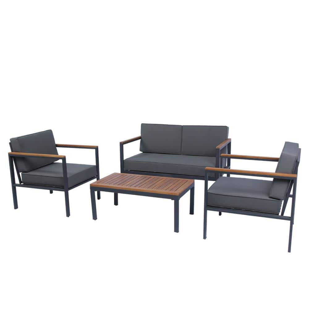 Dark Gray Steel 4-Piece Patio Conversation Set with Wood Accents