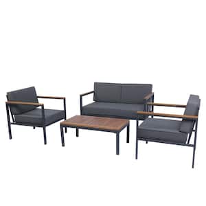 4-Piece Metal Patio Conversation Set with Coffee Table, Wood Top, Dark Gray Cushions for Garden, Backyard, Poolside