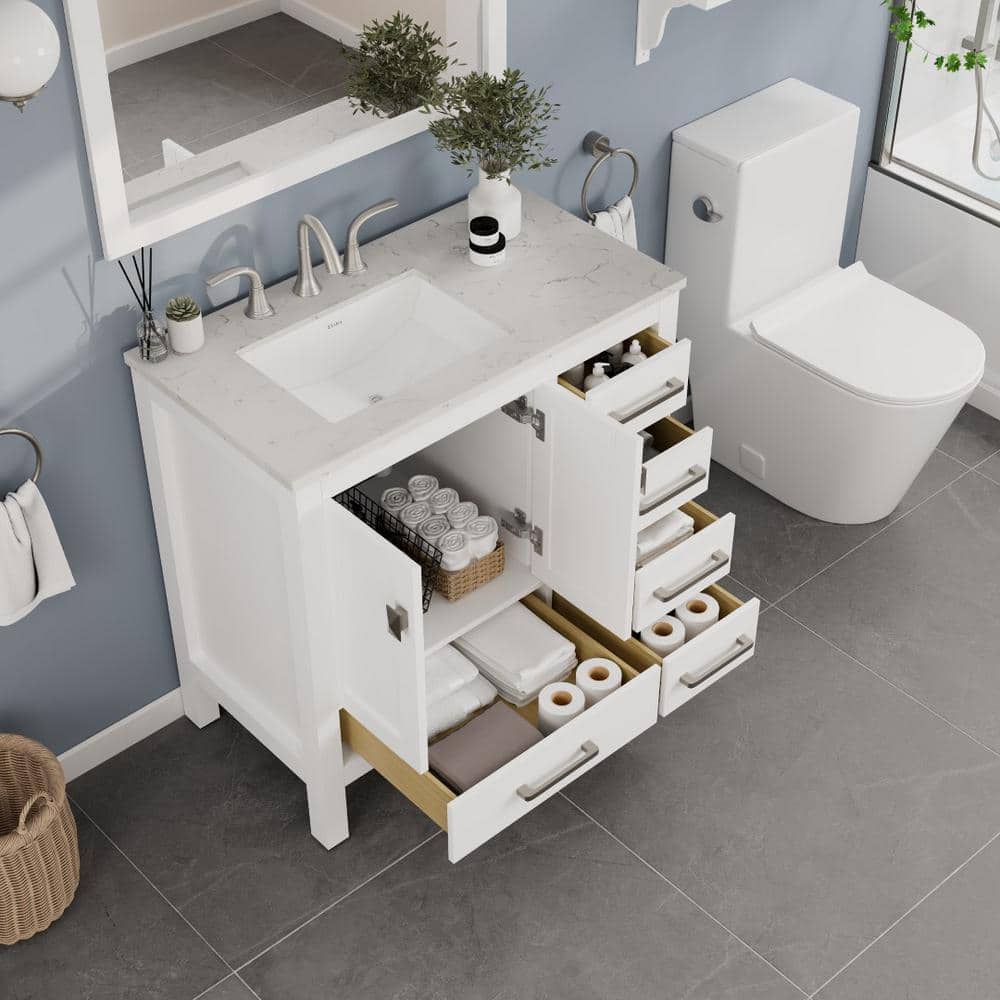 Aberdeen 36" White Solid Wood Bathroom Vanity with Quartz Top
