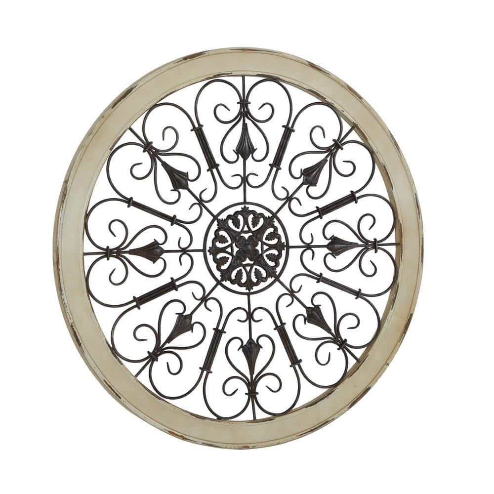 White Distressed Wood and Iron Scroll Wall Decor, 36" Round