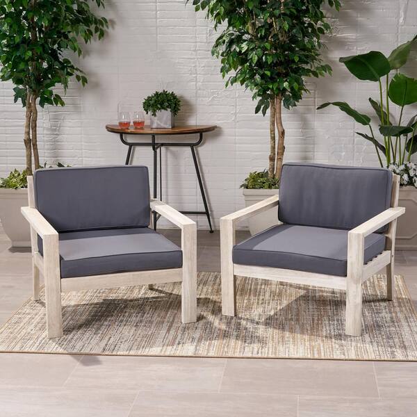 Noble House Santa Ana Brushed Light Grey Removable Cushions Wood Outdoor Patio Lounge Chair with Dark Grey Cushions (2-Pack)