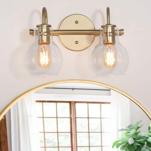 Modern Light Gold Bathroom Vanity Light 13 in. W 2-Light Powder Room Wall Light with Globe Clear Glass Shades