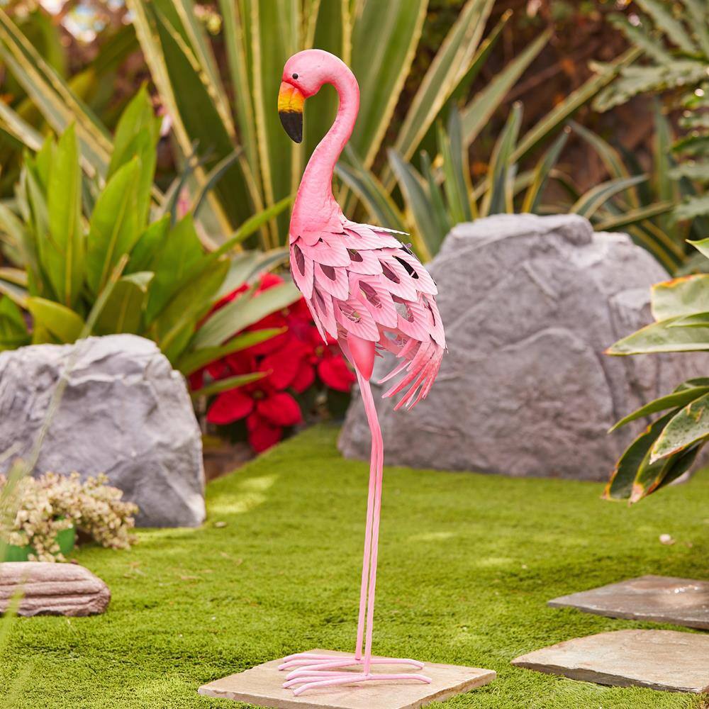 34-Inch Pink Metal Flamingo Garden Statue with Solar Lights