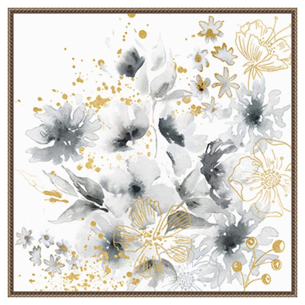 30"x30" Watercolor Gray and Goldenrod Floral Canvas with Bronze Floater Frame