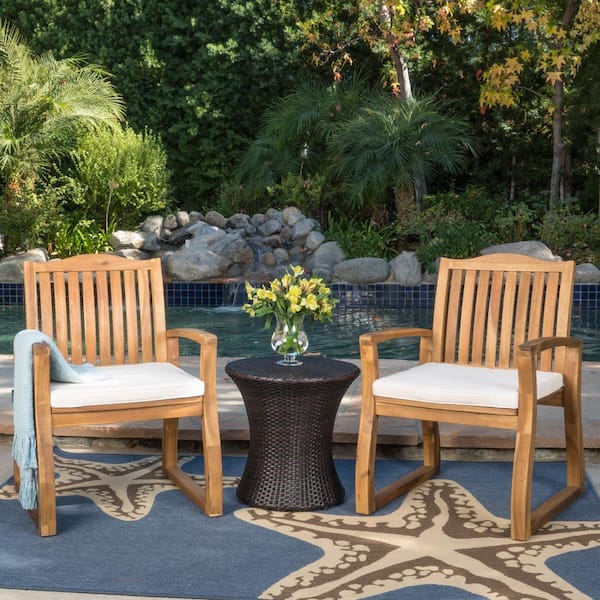 Noble House Avalon Teak 3-Piece Wood Outdoor Patio Conversation Set with Beige Cushions