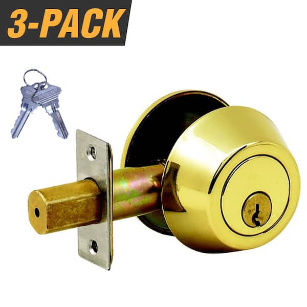 Premier Lock Brass Grade 3 Door Lock Single Cylinder Deadbolt with 6 SC1 Keys (3-Pack, Keyed Alike)