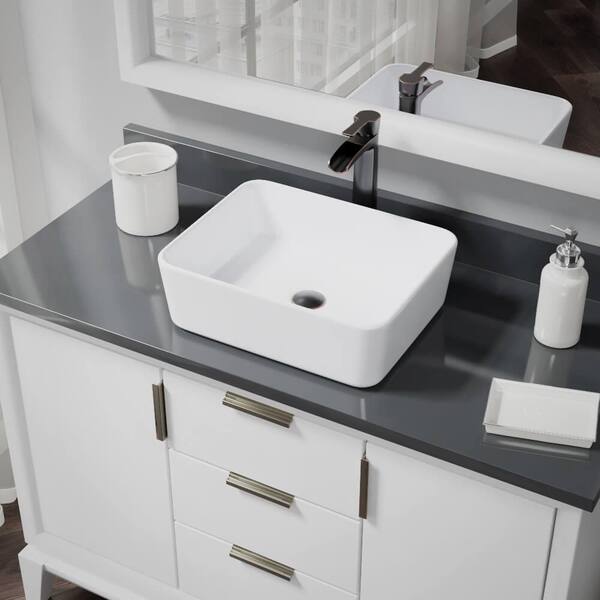 Rene Porcelain Vessel Sink in White with 7007 Faucet and Pop-Up Drain in Antique Bronze