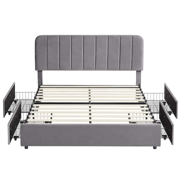 Upholstered Bed Gray Metal Frame Full Size Platform Bed with 4-Storage Drawers and Headboard, Wooden Slats Support