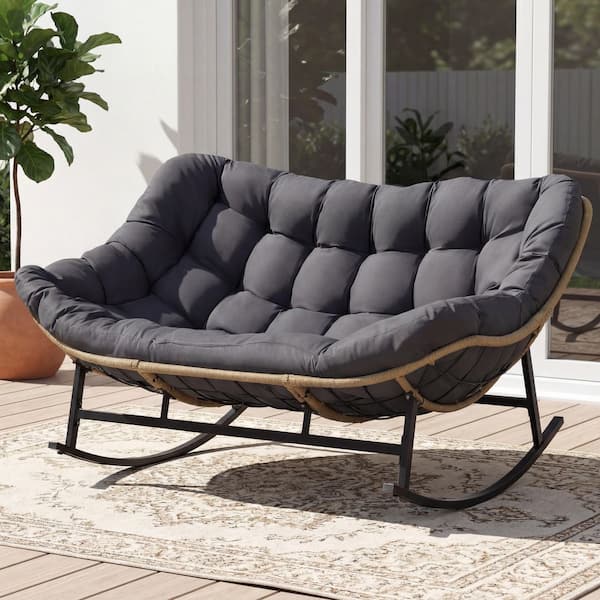 Wicker Outdoor Rocking Chair with Gray Cushion, Double Patio Lounge Seat for Porch, Deck or Sunroom