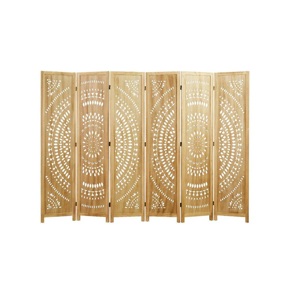 66.9 in. Natural 6-Panels Folding Freestanding Room Divider, Wood Carved Pr