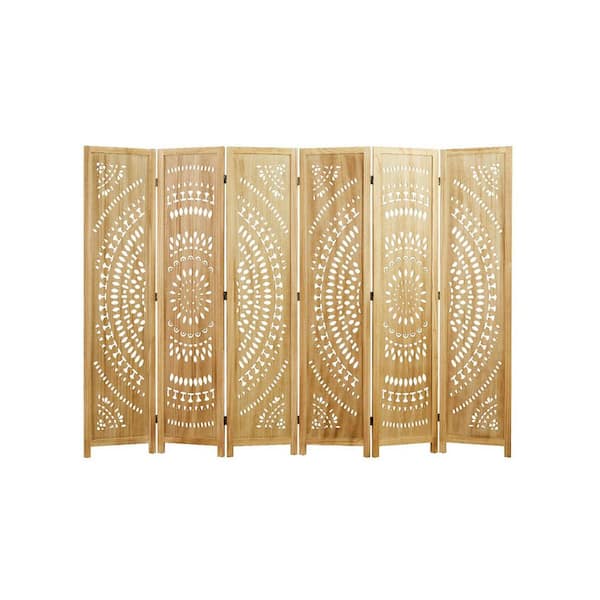 66.9 in. Natural 6-Panels Folding Freestanding Room Divider, Wood Carved Privacy Screens for Bedroom Home Office