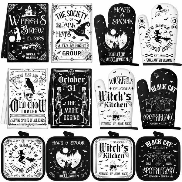 Gothic Black and White Halloween Kitchen Towels, Oven Mitts and Pot Holders Set, 12-Piece Cotton Linen