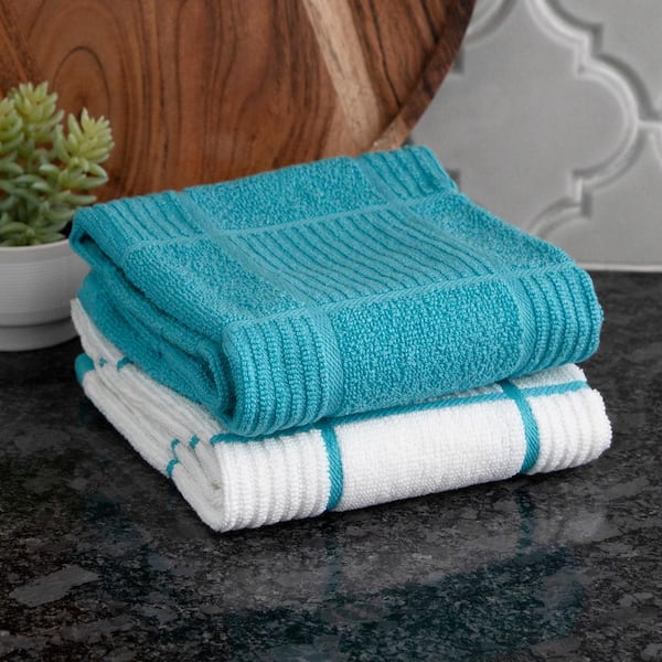 T-Fal Blue Solid and Stripe Waffle Cotton Kitchen Towel Set of 2