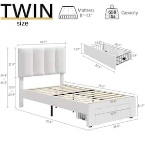 Bed Frame with Storage Drawer, White Metal Frame Twin Platform Bedframe with Adjustable Headboard & Wooden Slats Support