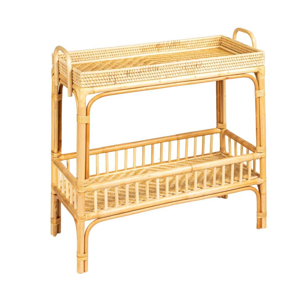 Natural Rattan and Bamboo Console Table with Storage Shelves