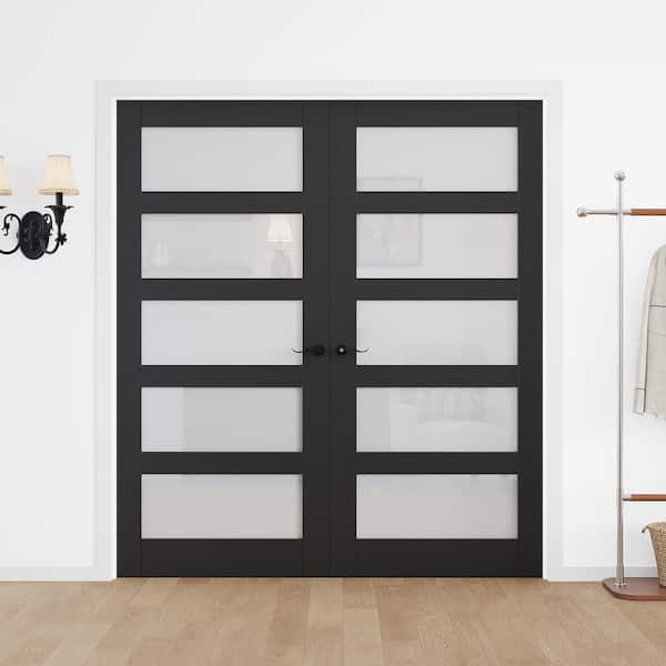 72 in. x 80 in. Universal 5-Lite Frosted Glass Black Solid Core Glass Assembly Required Double French Door with Jamb