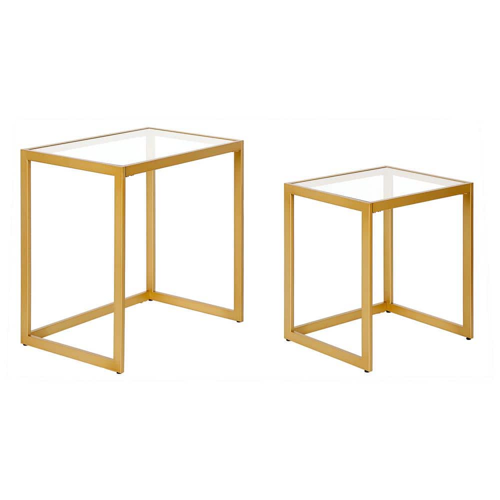 Gold Rectangular Metal and Glass Nested Accent Tables, Set of 2