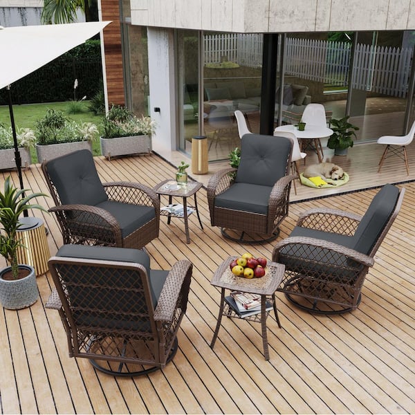 6-Piece 360° Wicker Outdoor Rocking Chair Set with Brown Wicker with Dark Gray Cushions and Square Side Tables