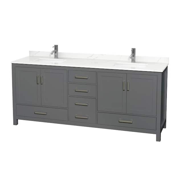 Wyndham Collection Sheffield 80 in. W. x 22 in. D x 35 in. H Double Bath Vanity in Dark Gray with Giotto Quartz Top