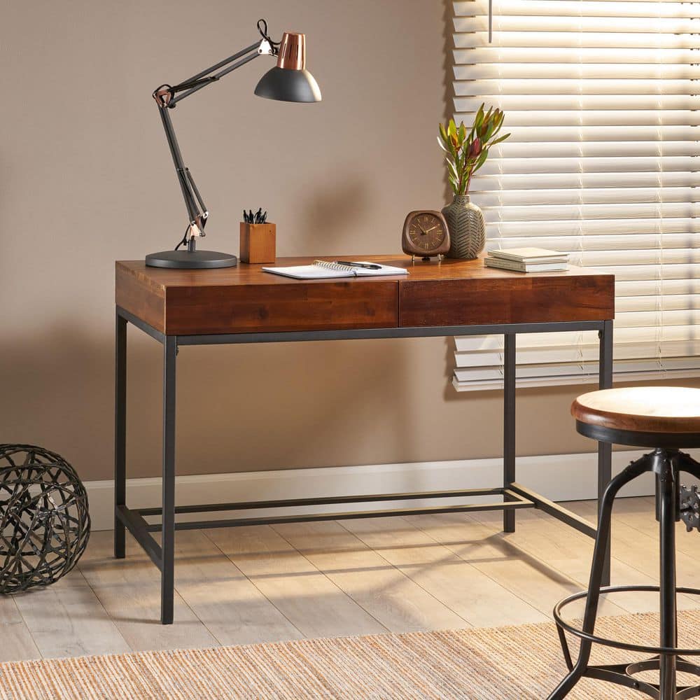 Rustic Dark Oak Acacia Wood Desk with Metal Frame and Dual Drawers