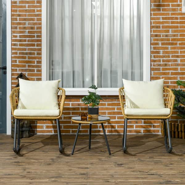 Sudzendf 3-Piece Wicker Outdoor Bistro Set with Cream White Cushions, 2-Porch Rocker Chairs, Glass Top Coffee Table