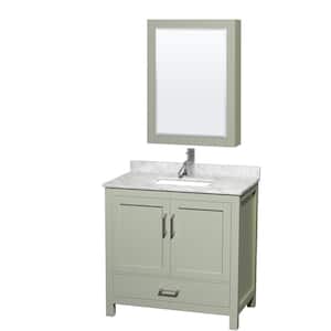Sheffield 36 in. W x 22 in. D x 35 in. H Single Bath Vanity in Light Green with White Carrara Marble Top and MC Mirror