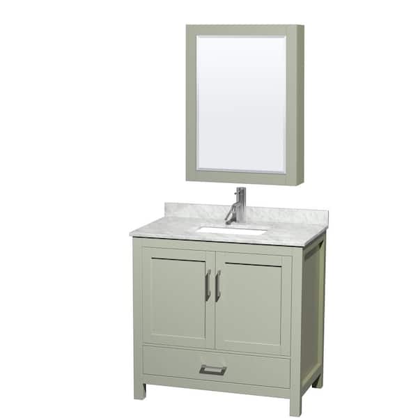 Wyndham Collection Sheffield 36 in. W x 22 in. D x 35 in. H Single Bath Vanity in Light Green with White Carrara Marble Top and MC Mirror