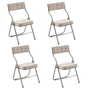 Modern Steel Frame Folding Chairs Stackable Dining Chairs with Khaki Velvet Seats (Set of 4)
