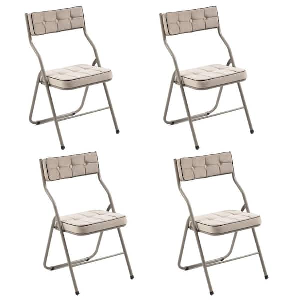 HOMEFUN Modern Steel Frame Folding Chairs Stackable Dining Chairs with Khaki Velvet Seats (Set of 4)