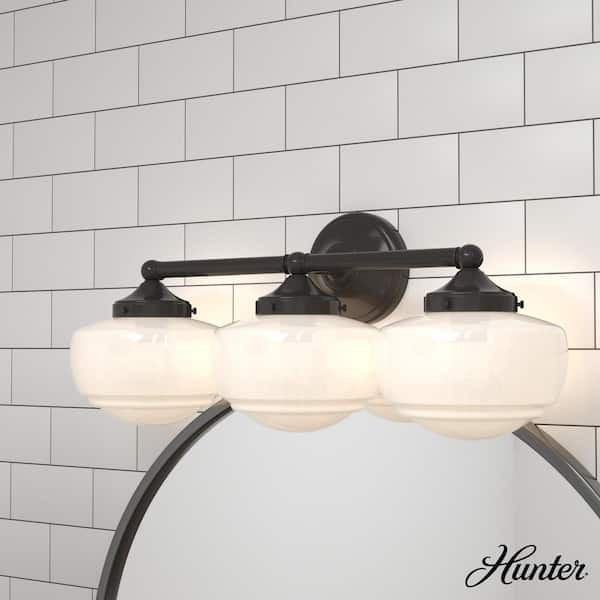 Hunter Saddle Creek 23.5 in. 3-Light Noble Bronze Vanity Light with Cased White Glass Shades