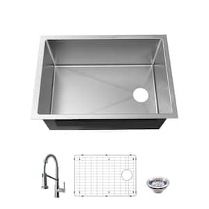 Tight Radius 27 in. Undermount Single Bowl 18 Gauge Stainless Steel Kitchen Sink with Spring Neck Faucet