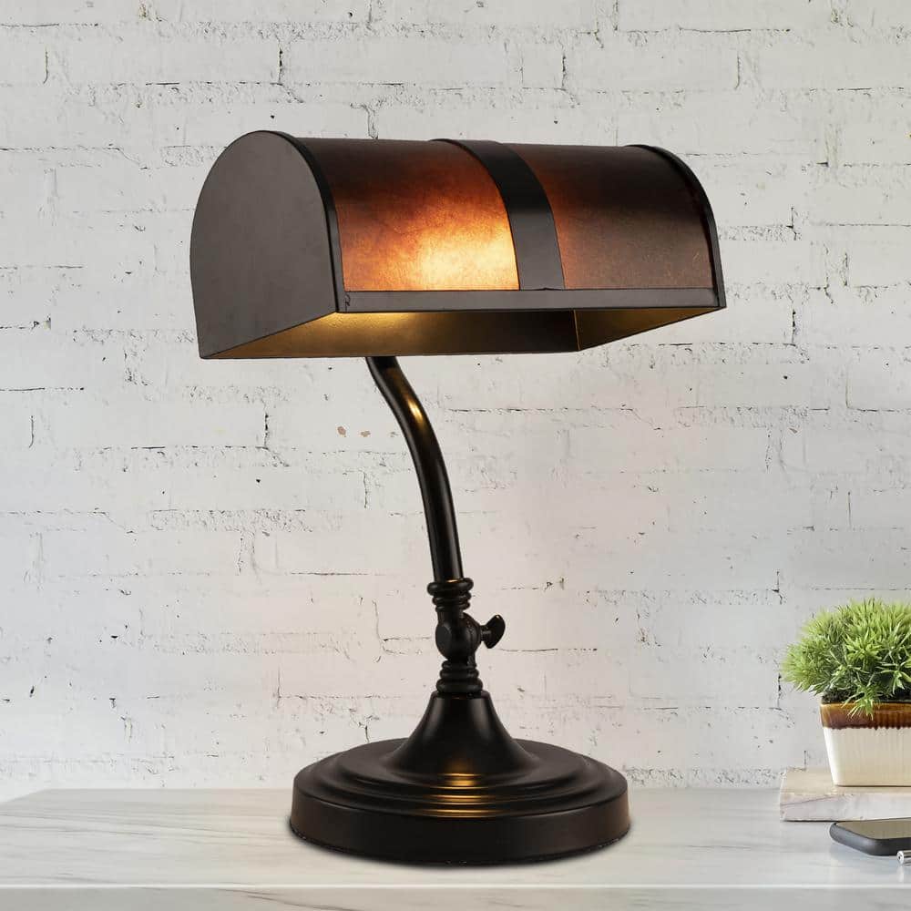 14" Black Metal LED Banker's Lamp with Amber Mica Shade